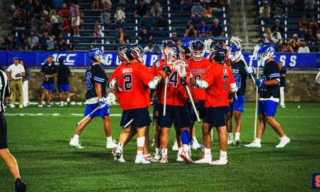 Syracuse Lacrosse celebrating after a goal vs Duke